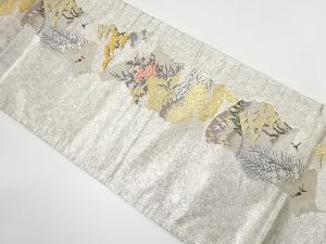 変わり縞に双鶴・草花模様織り出し　袋帯